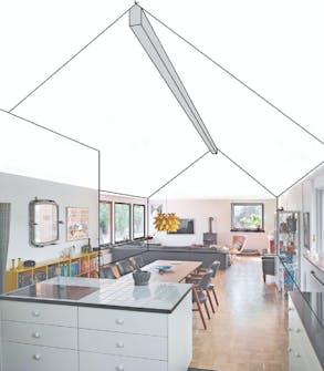 Loft til kip uden frie spær: Kipbjælken kan enten være synlig som her eller dækket ind Loft til kip uden frie spær: Kipbjælken kan enten være synlig som her eller dækket ind